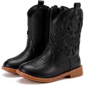 imageBMCiTYBM Girls Cowgirl Boots UnisexChild Mid Calf Toddler Cowboy Boots Little Kids Western Boots Round Toe All Seasons Shoes2black