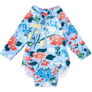 imageBMCiTYBM Baby Girls Swimsuits Long Sleeve Zipper One Piece UPF 50 Sun Protection Swimwear Rash GuardBlue Flower