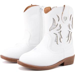imageBMCiTYBM Toddler Little Girls Cowboy Cowgirl Boots Kids Pointed Toe Western Boots Mid Calf Side Zipper Riding Shoes for All Seasons ToddlerLittle KidA1white