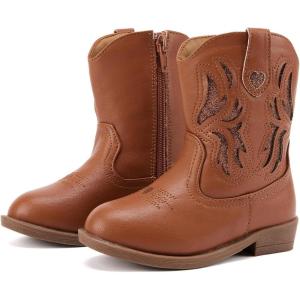 imageBMCiTYBM Toddler Little Girls Cowboy Cowgirl Boots Kids Pointed Toe Western Boots Mid Calf Side Zipper Riding Shoes for All Seasons ToddlerLittle KidA1brown