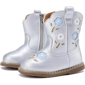 imageBMCiTYBM Baby Cowboy Cowgirl Boots Infant Western Boots Toddler Boys Girls Round Toe Riding Mid Calf Boots All Seasons for 6 9 12 18 24 MonthsA1silver
