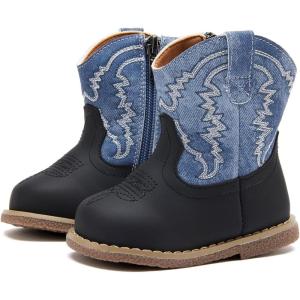 imageBMCiTYBM Baby Cowboy Cowgirl Boots Infant Western Boots Toddler Boys Girls Round Toe Riding Mid Calf Boots All Seasons for 6 9 12 18 24 MonthsA1black Blue