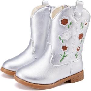 imageBMCiTYBM Toddler Girls Cowgirl Boots Little Kids Mid Calf Western Boots Flower Cowboy Boots Pointed Toe Riding Shoes1silver