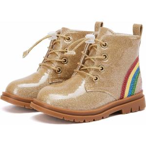 imageBMCiTYBM Toddler Girls Boots Round Toe Lace Up Combat Boots Riding Ankle Calf Shoes for All SeasonsToddlerLittle KidAgittler Gold