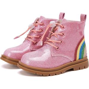 imageBMCiTYBM Toddler Girls Boots Round Toe Lace Up Combat Boots Riding Ankle Calf Shoes for All SeasonsToddlerLittle KidAgittler Pink