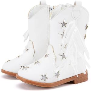 imageBMCiTYBM Toddler Girls Cowgirl Boots Little Kids Mid Calf Western Cowboy Pointed Toe Riding Shoes Tassels Glitter1white