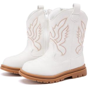 imageBMCiTYBM Toddler Cowboy Cowgirl Boots Boys Girls Western Round Toe Riding Mid Calf Booties for All SeasonsToddlerLittle KidAwhite