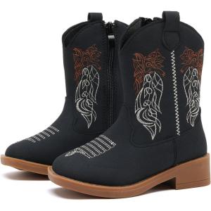 imageBMCiTYBM Toddler Cowgirl Cowboy Boots Boys Girls Square Toe Western Boots Mid Calf Side Zipper Riding Shoes for All SeasonsAblack
