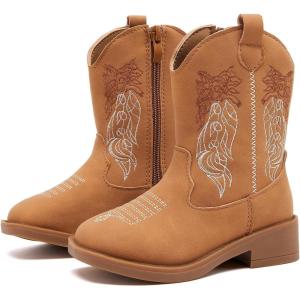 imageBMCiTYBM Toddler Cowgirl Cowboy Boots Boys Girls Square Toe Western Boots Mid Calf Side Zipper Riding Shoes for All SeasonsAbrown