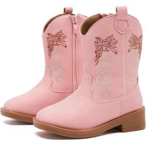 imageBMCiTYBM Toddler Cowgirl Cowboy Boots Boys Girls Square Toe Western Boots Mid Calf Side Zipper Riding Shoes for All SeasonsApink