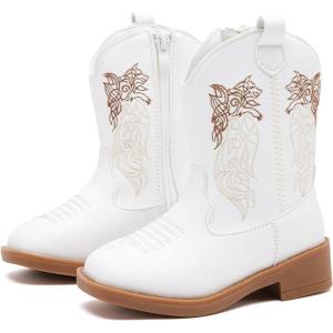 imageBMCiTYBM Toddler Cowgirl Cowboy Boots Boys Girls Square Toe Western Boots Mid Calf Side Zipper Riding Shoes for All SeasonsAwhite