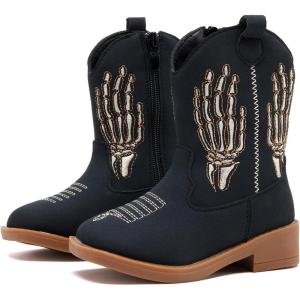 imageBMCiTYBM Toddler Cowgirl Cowboy Boots Boys Girls Square Toe Western Boots Mid Calf Side Zipper Riding Shoes for All SeasonsBblack