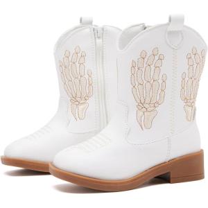 imageBMCiTYBM Toddler Cowgirl Cowboy Boots Boys Girls Square Toe Western Boots Mid Calf Side Zipper Riding Shoes for All SeasonsBwhite