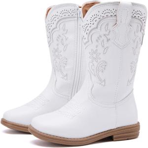 image:imageBMCiTYBM Toddler Girl Boy Cowboy Cowgirl Boots Little Kids Square Toe Western Boots Mid Calf Side Zipper Riding Shoes for All SeasonsAwhite